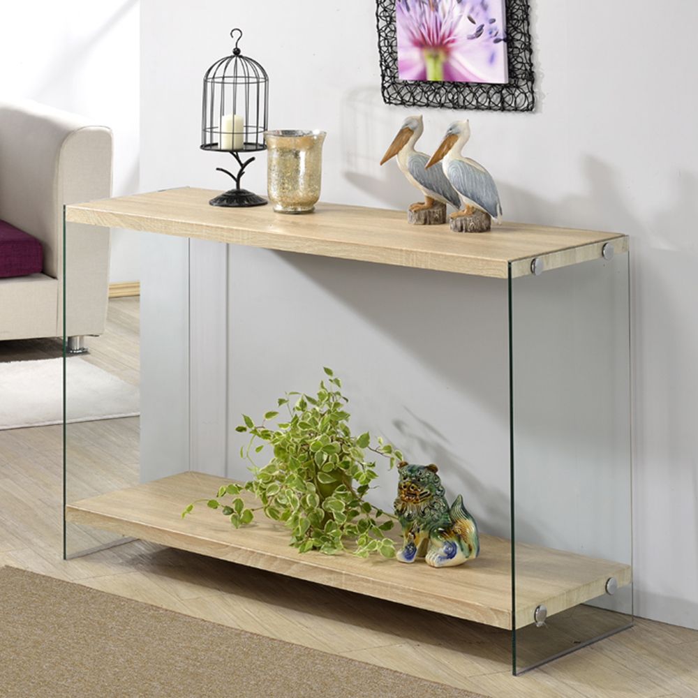 the avery console table features light wood finish top with glass accent sides this two staggered shelves providing functionality and pendant lighting build coffee wicker