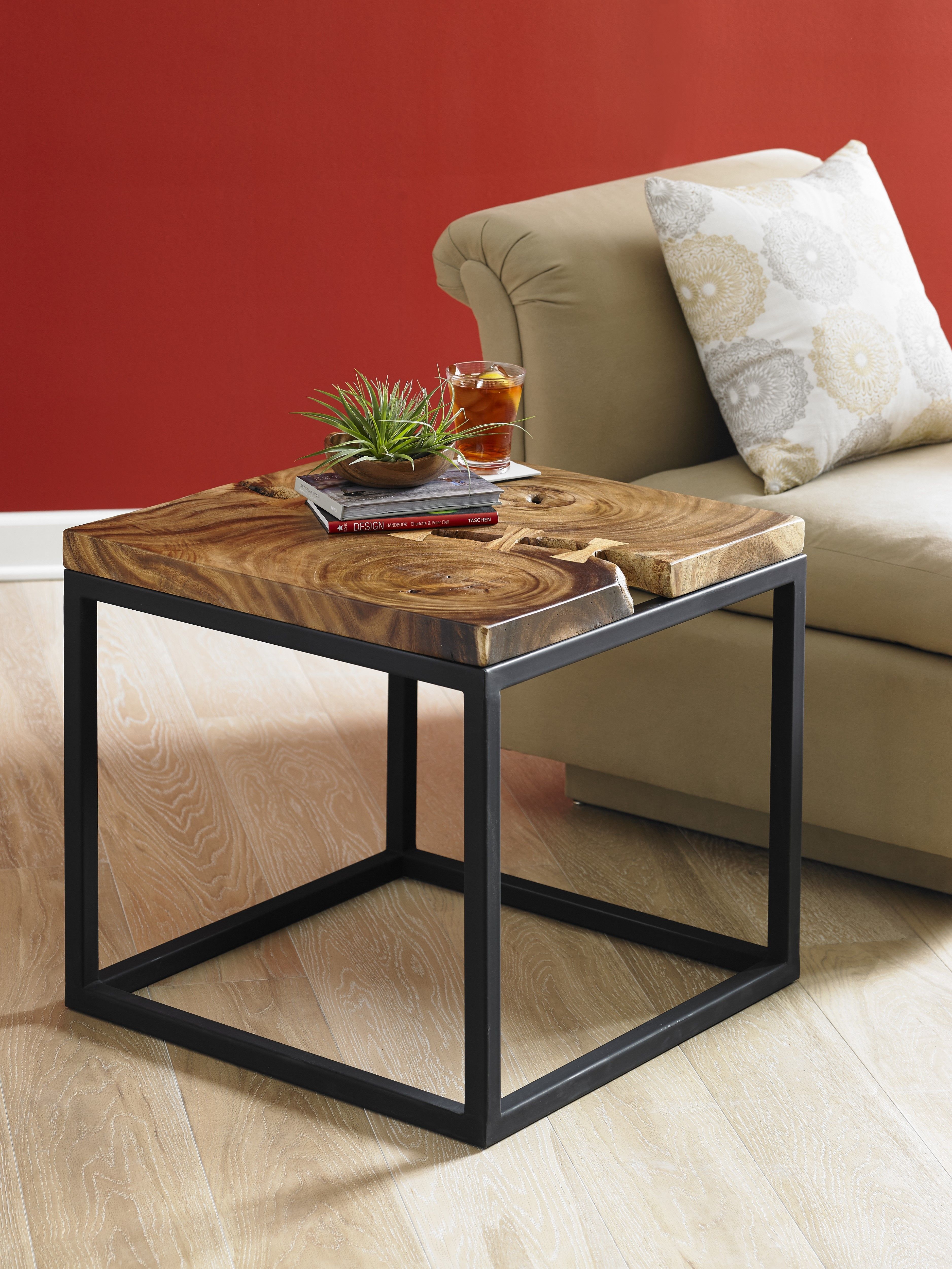 the martin side table displays stunning chamcha wood metal base furniture accent juxtaposition elements highlights woods natural characteristics occasional tables drum throne for