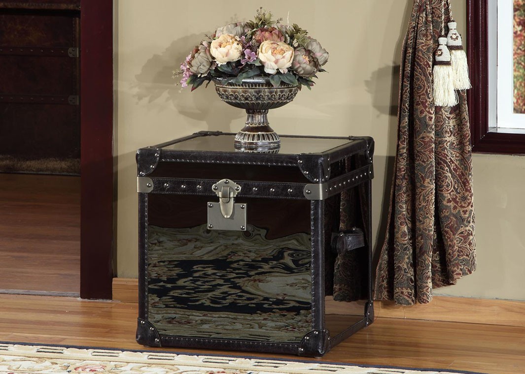 the super nailhead trunk end table ture mira road black mirror leather stainless steel vintage flip top general collection tableblack rustic reclaimed wood coffee two chairs and