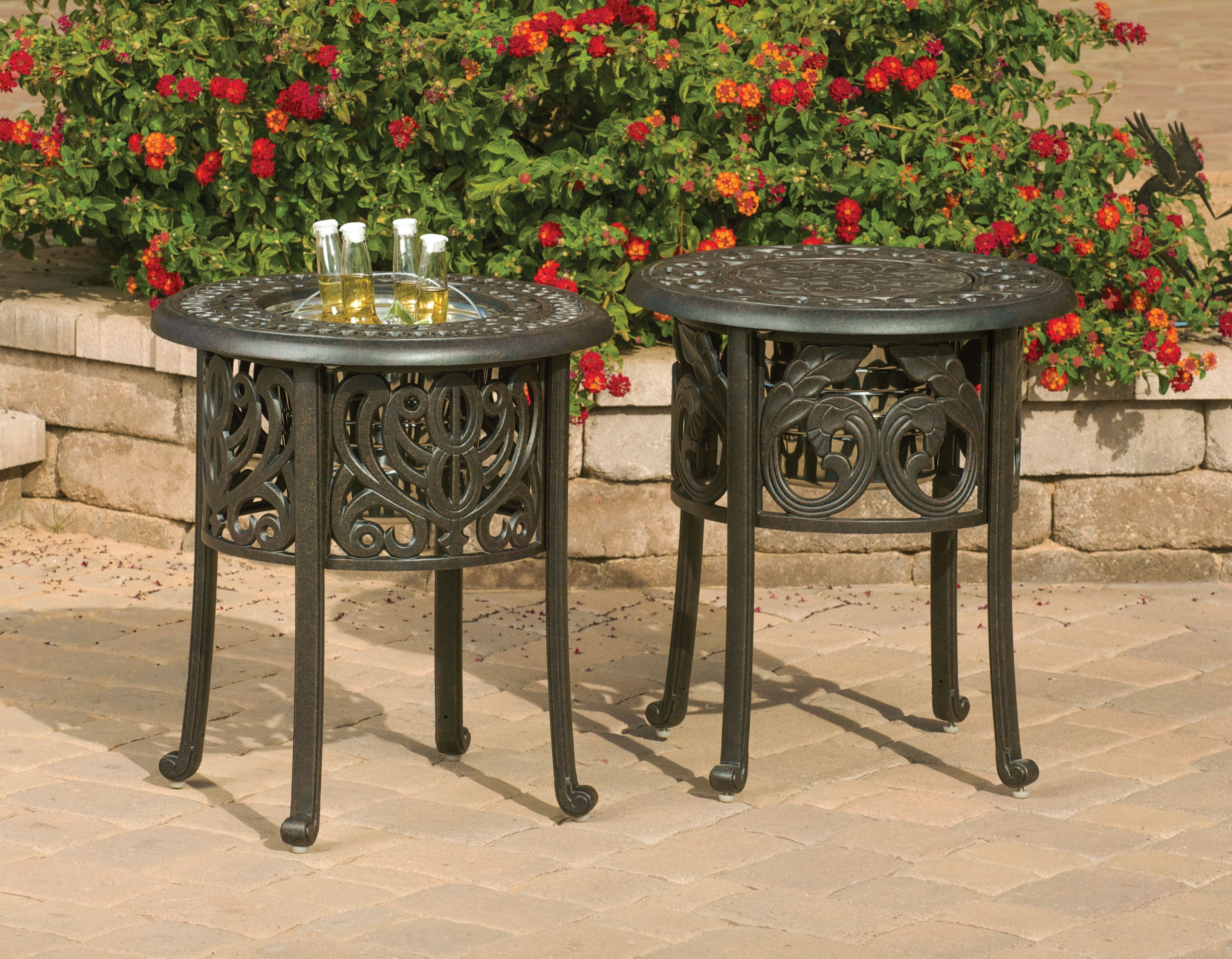 these hanamint round ice bucket tables are fancy enough for outdoor side table with gourmet meal and casual simple gathering simply fill the buckets wood top coffee lamp acrylic
