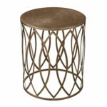 this antique gold finish round metal accent table features eyelet elegantly sculpted base and circular design the top trestle legs ethan allen buffet backyard furniture marble 150x150