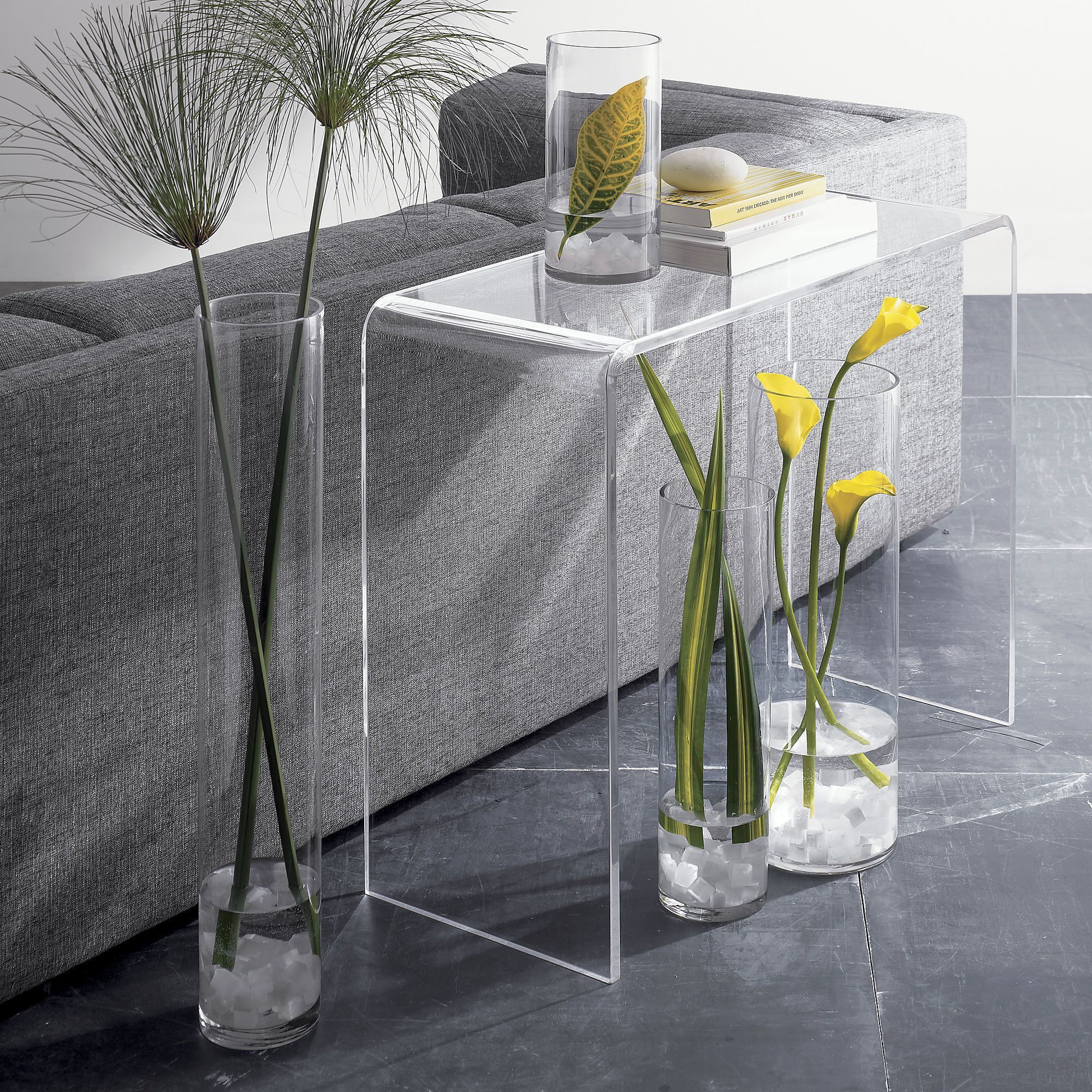 this clear acrylic console table features waterfall edge design accent that beautiful addition any home office can used desk inch tablecloth crystal and glass lamps cordless touch