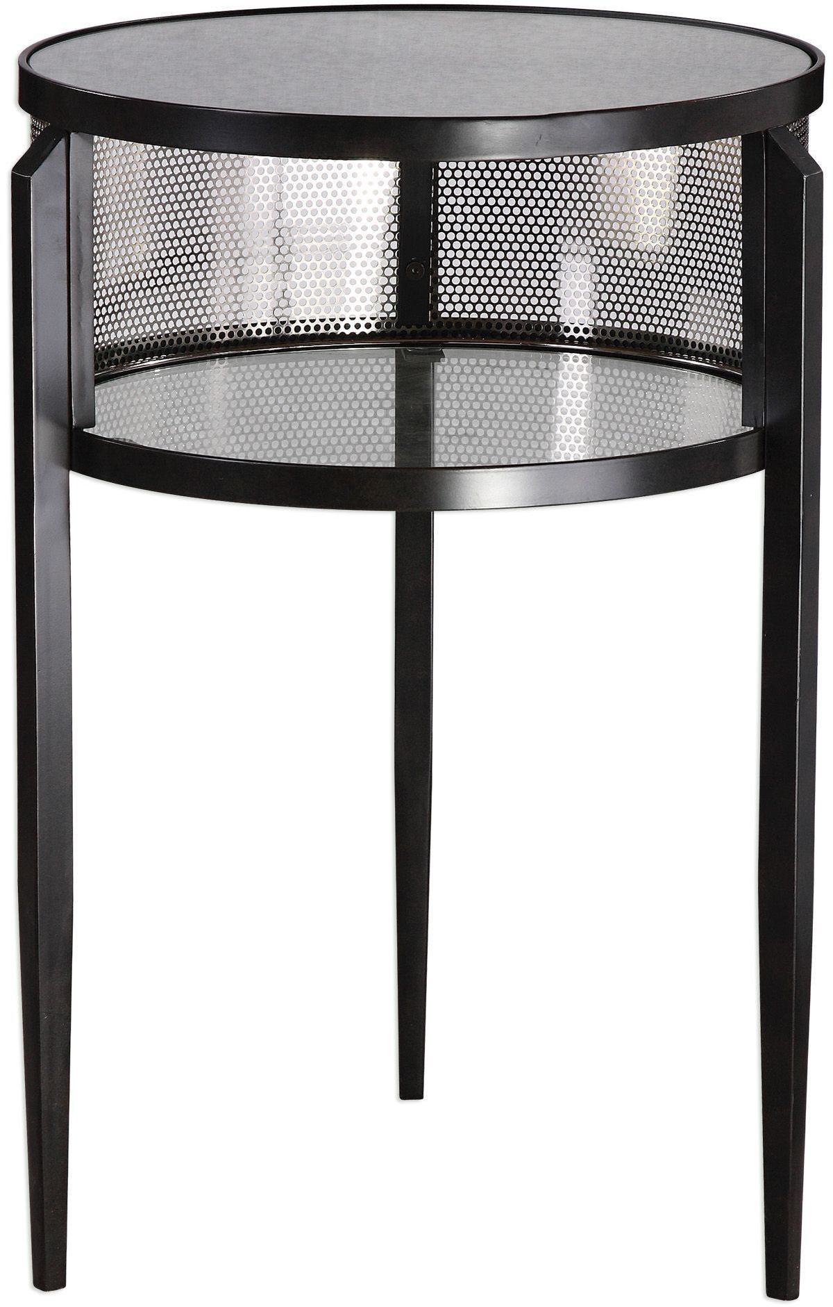 this drum style accent table finished aged black iron with end tables slim tapered legs phone charging furniture small drinks fridge kmart dining country cottage decor ethan allen