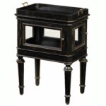 this hand painted distressed black finish accent table features two functional glass doors and removable lift off try top the offers elegant decorative accessories side chairs 150x150