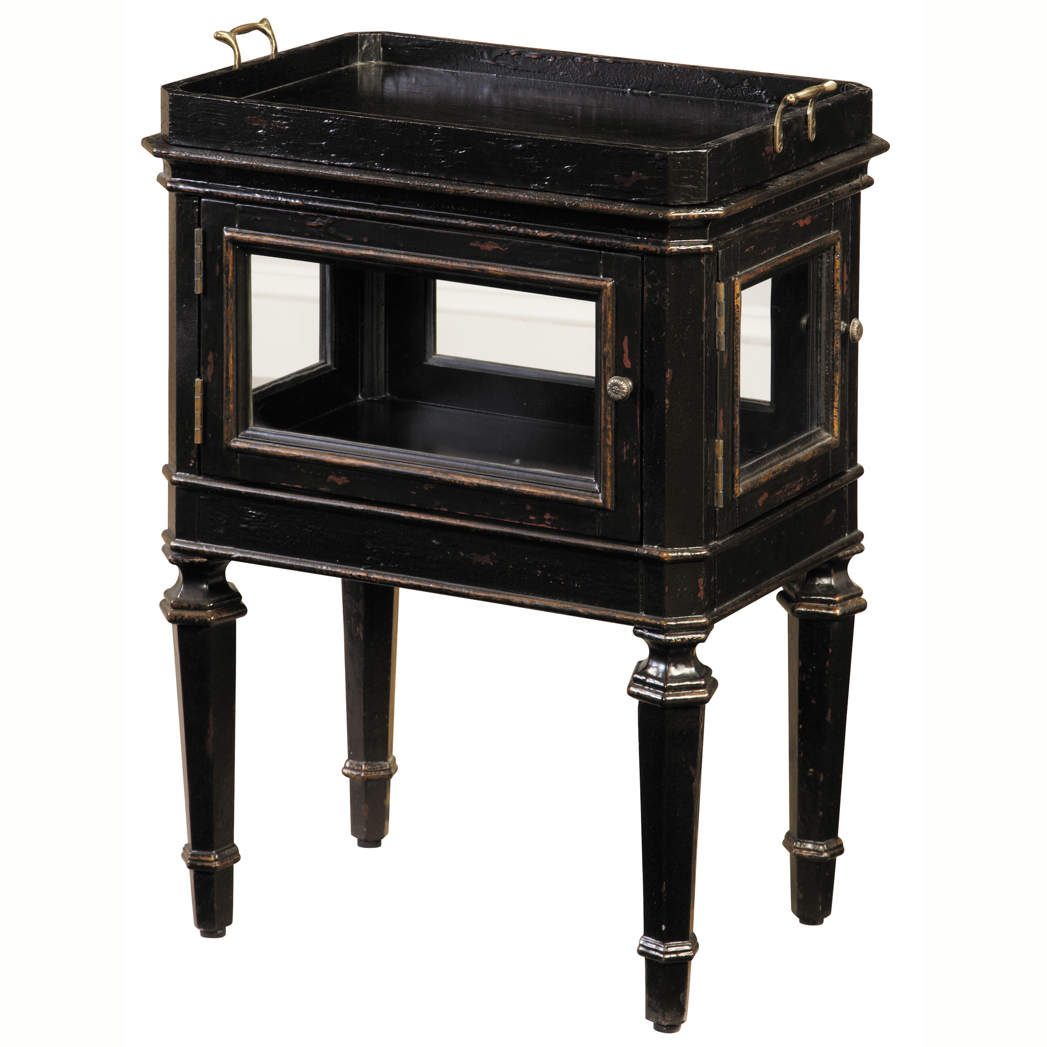 this hand painted distressed black finish accent table features two functional glass doors and removable lift off try top the offers elegant decorative accessories side chairs