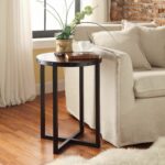 this tall accent table has metal leg construction and chestnut wooden top its round surface supported with squared four way base that offers coffee decorative accents ideas weber 150x150