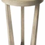 this versatile side table boasts sleek round top and airy open distressed accent frame sealed natural finish complements array color schemes screw legs hardware black metal stools 150x150