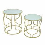 three hands goldtone metal mirror accent table set gold and pottery barn drum small bedside blue white ginger jar lamp kitchen with wine rack tablecloth for inch round entryway 150x150