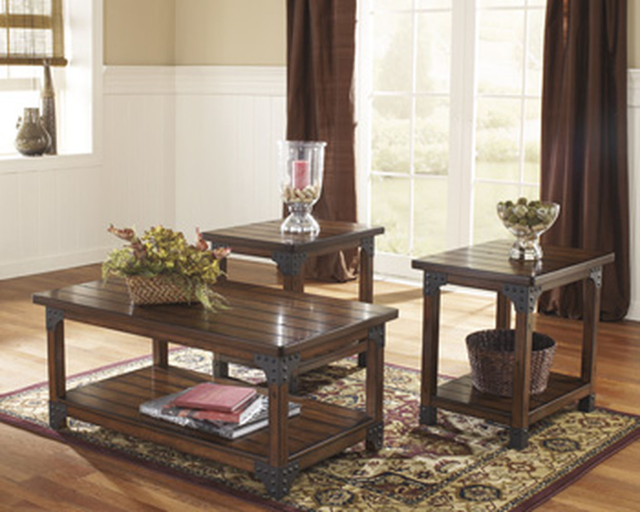 three piece nailhead trim rustic farm house accent table set big with nailheads brown west elm chairs stable target cooler coffee wicker storage buffet side pier one credit card