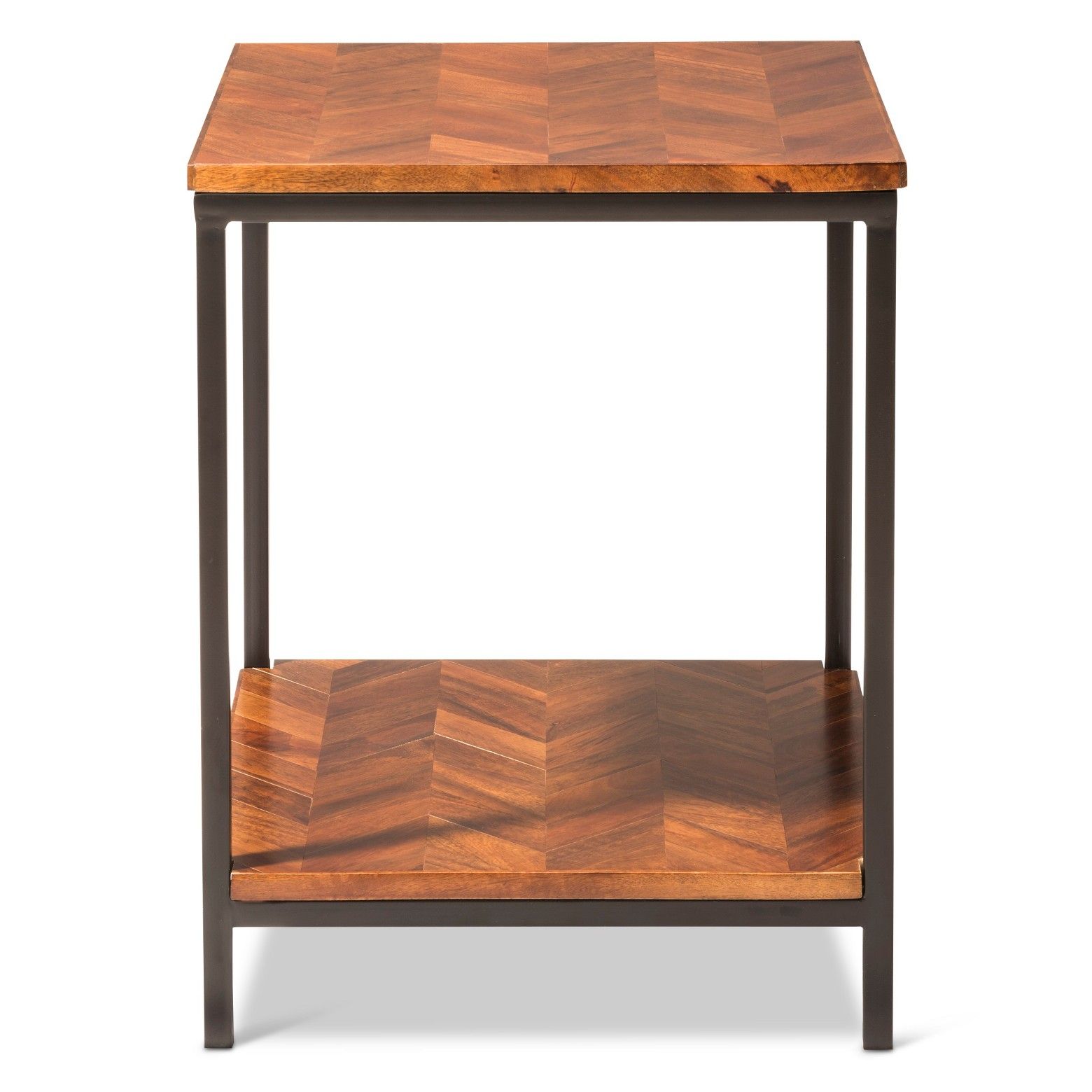 threshold preston end table parquet accent bull industrial chic stylebrbullnbspwalnut stained wood top with black metal basebrbull sturdy designbrbull integrated shelf for skinny