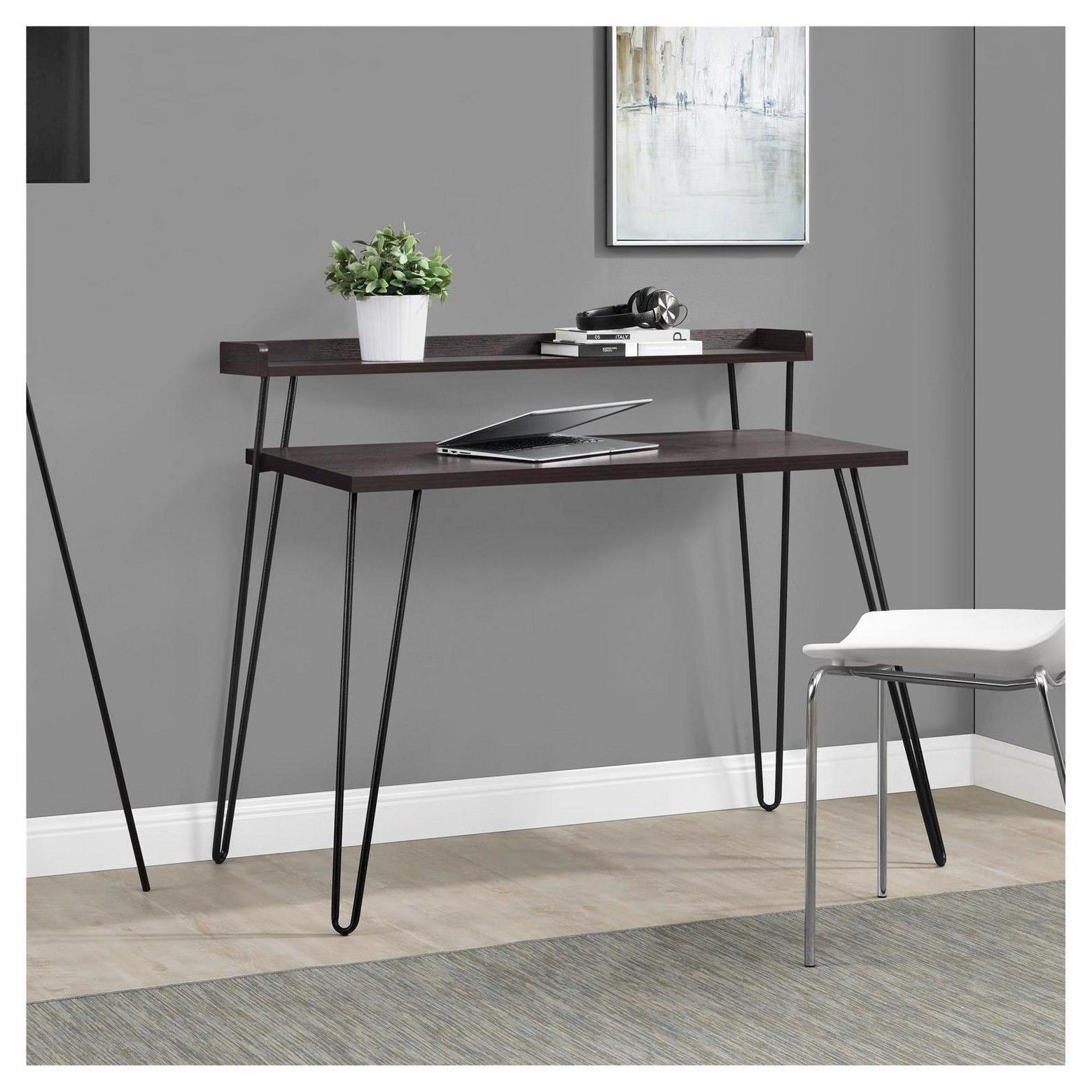 two cubbies provide storage the hairpin desk walnut from room essentials accent table this wood and metal has simple look that can fit discreetly piece sofa set thin cabinet small