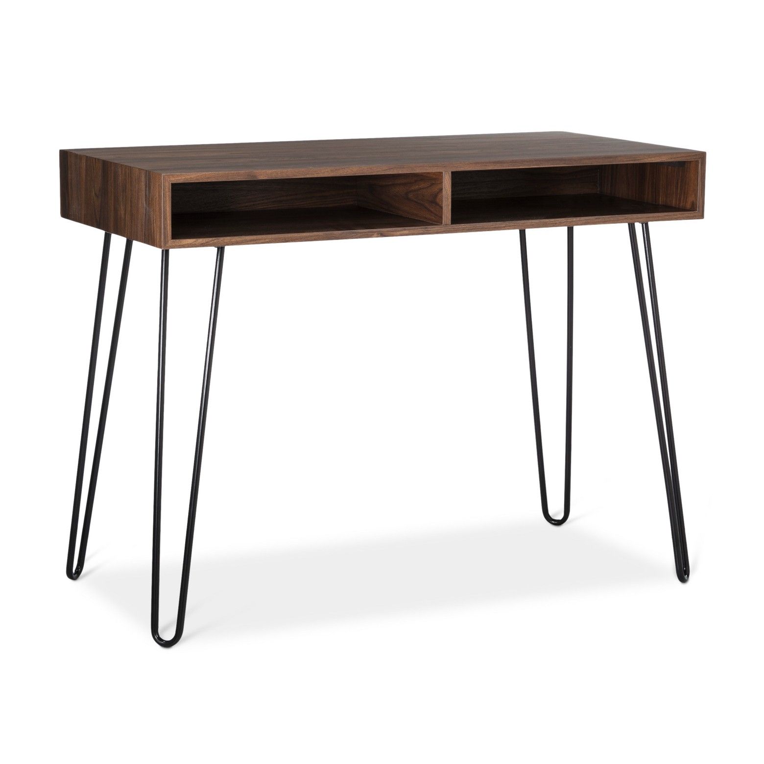 two cubbies provide storage the hairpin desk walnut from room essentials accent table this wood and metal has simple look that can fit discreetly pottery barn side with lamp