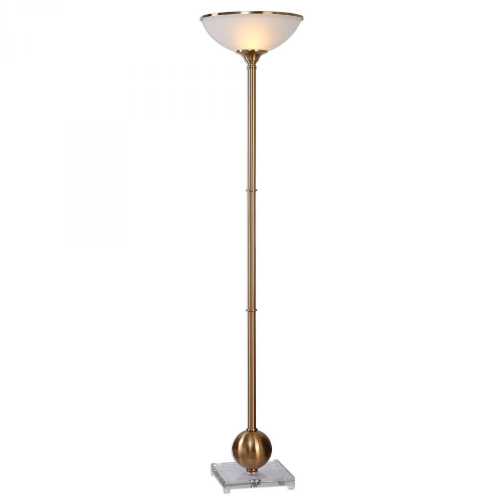uttermost laton brushed brass floor lamp valley light mirrored accent table lucite cube round marble top bistro blue and white ginger jar lamps west elm tripod silver entryway