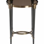 uttermost thora round accent table iron glass top features brushed tapered legs assembly required measurements wicker chair spring haven collection mission style lighting west elm 150x150