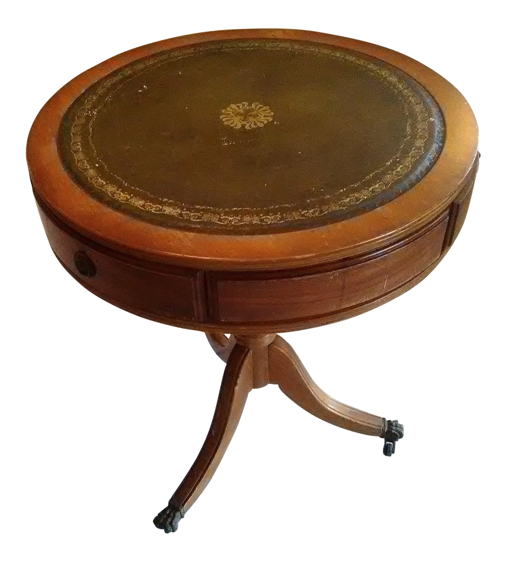 vintage mahogany leather top round drum side table and claw foot casters accent chairish barbie doll furniture cupcake carrier target repurposed wood end threshold marble pottery
