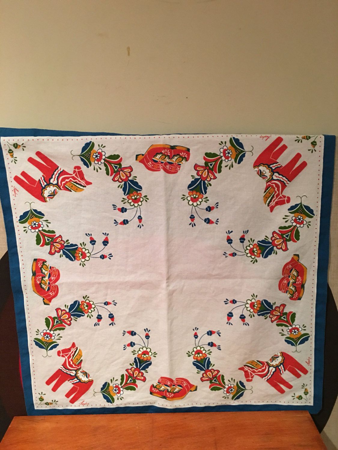 vintage swedish dala horse tablecloth folk accent table fabric cloth covering art home decor decorative cabinets for living room gold accessories adjustable drum stool pottery