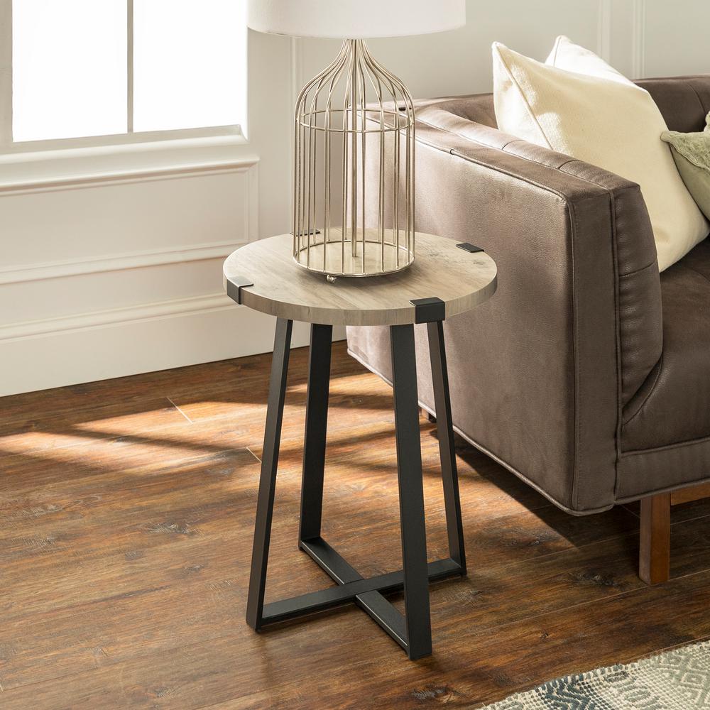 walker edison furniture company grey wash rustic urban end tables round accent table with screw legs industrial wood and metal wrap madden target portable long sofa contemporary