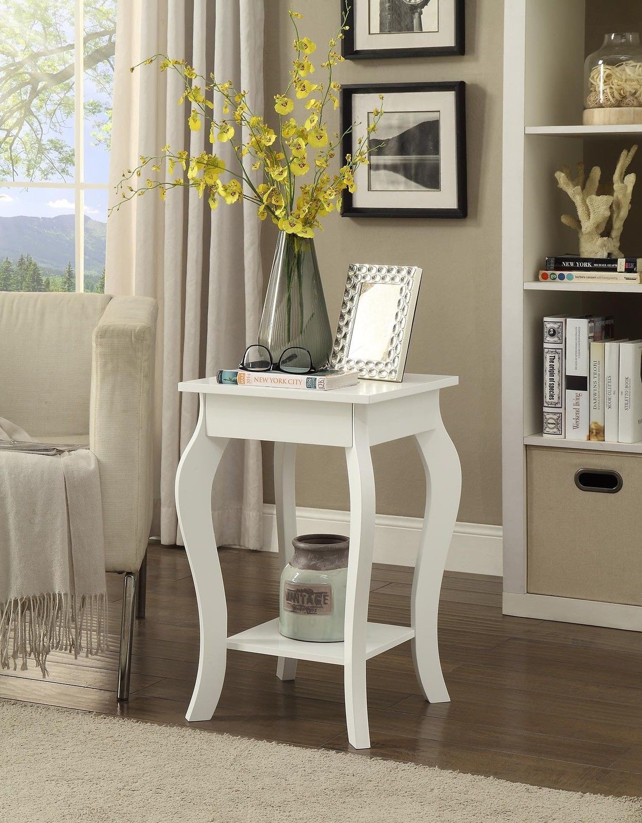 white finish curved legs accent side end table with bottom shelf mercer vintage oak ture pier one furniture chairs room essentials assembly instructions bar height bistro