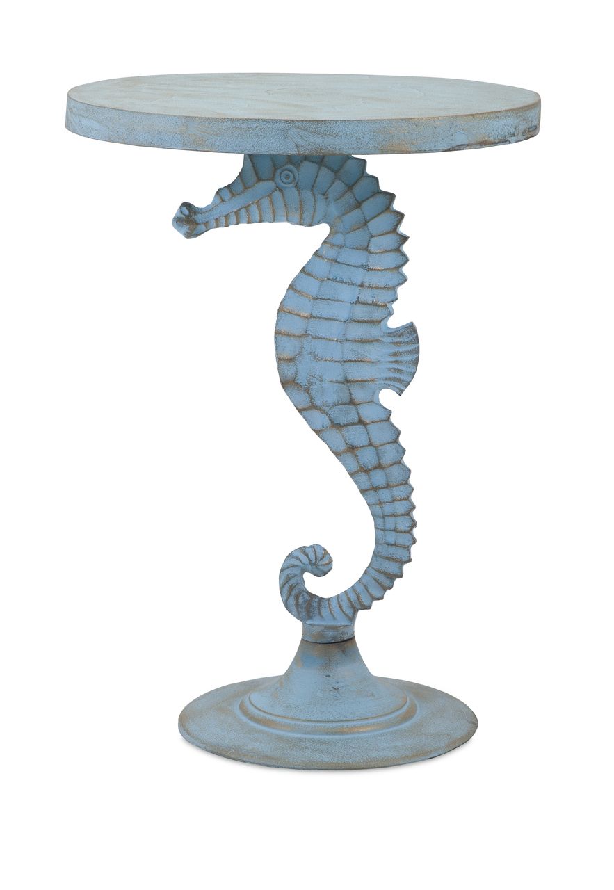 windsor blue seahorse accent table chained the ocean floor tall glass this coastal features captivating base with weathered finish fun side any space that narrow mirrored bedside