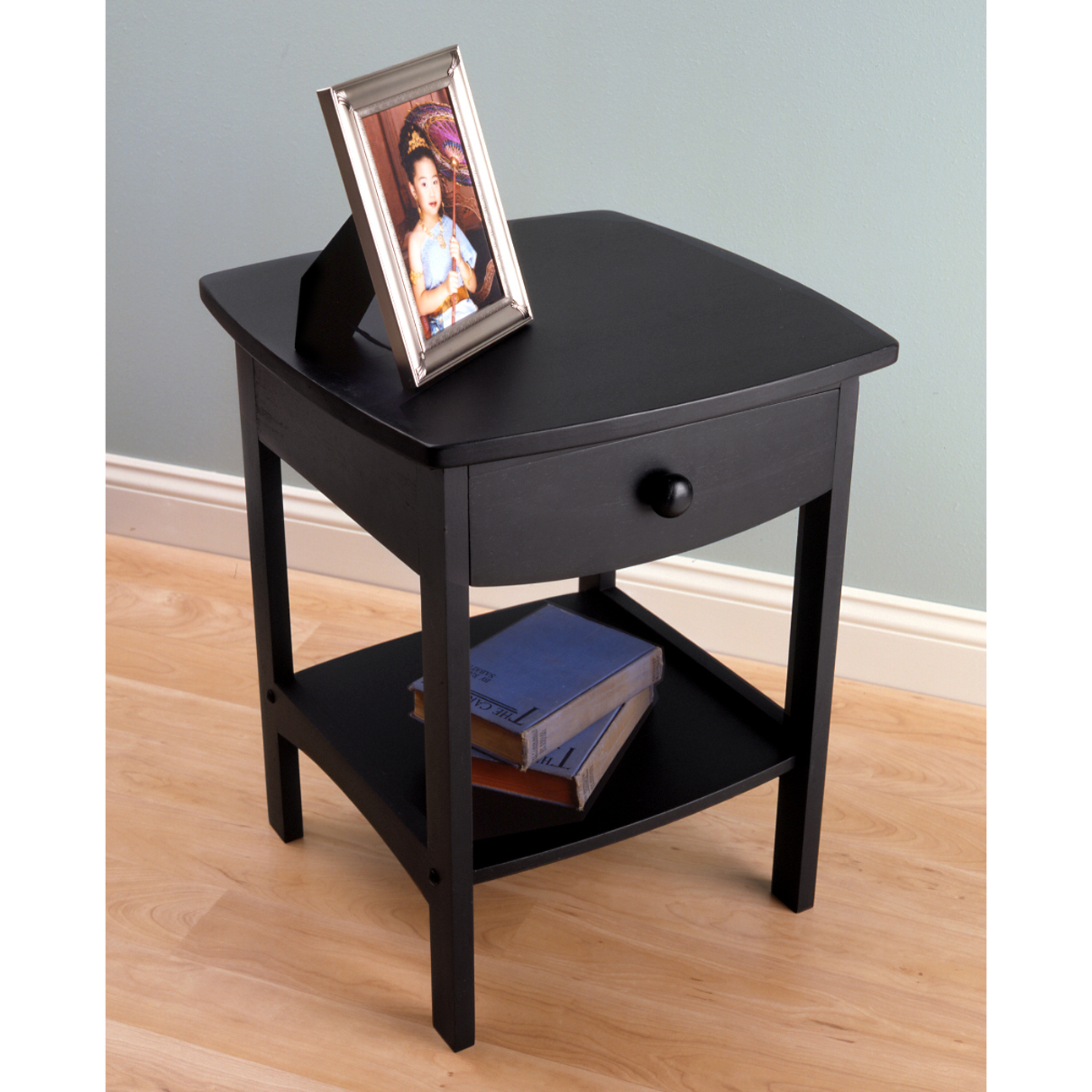 winsome trading curved drawer nightstand end table eugene accent walnut battery powered led reading lamp wire basket living room center decor black metal and wood coffee armless