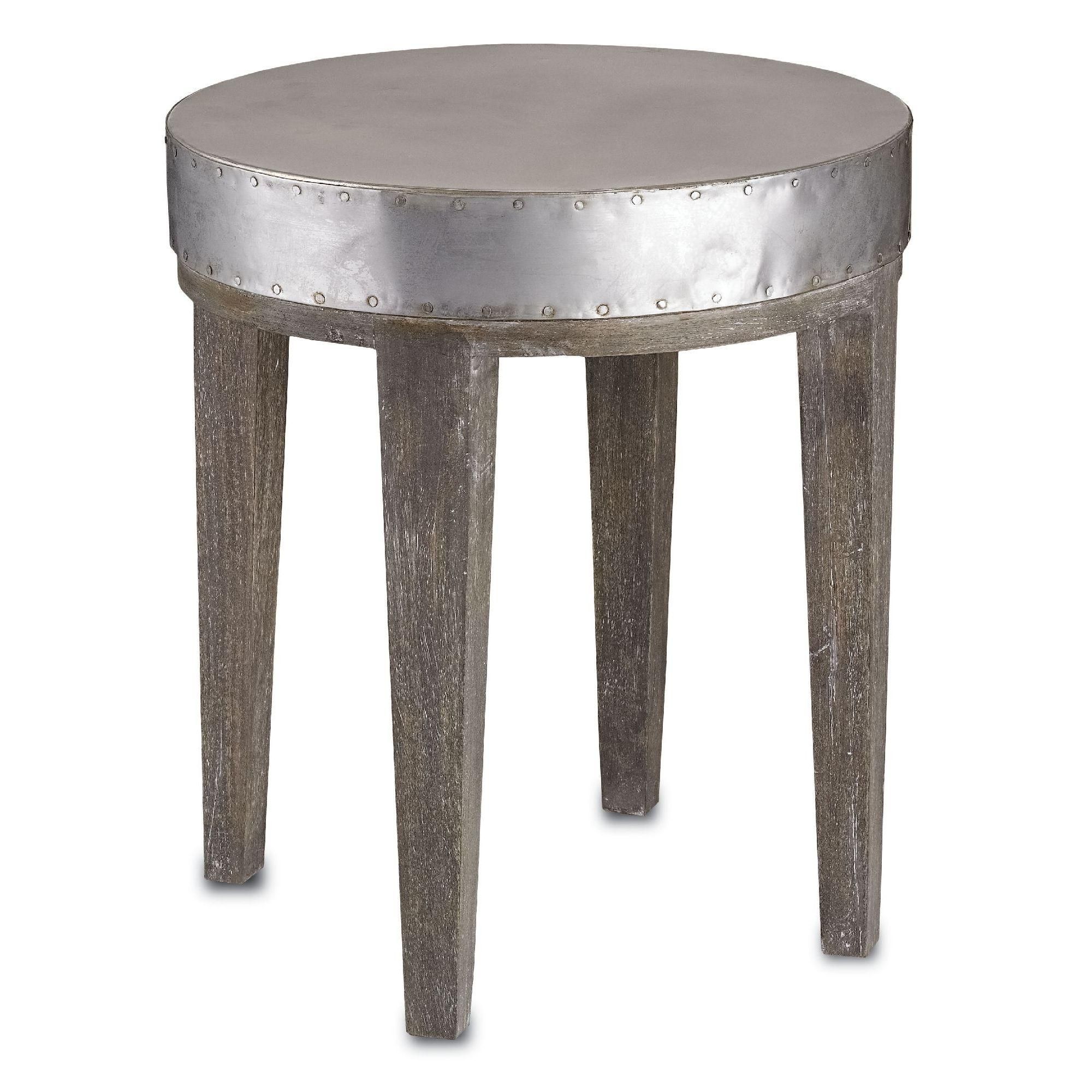 with nod both industrial and chic references this small accent metal table has round top rivet details around the edges there are four gray rugs target blue console teak furniture