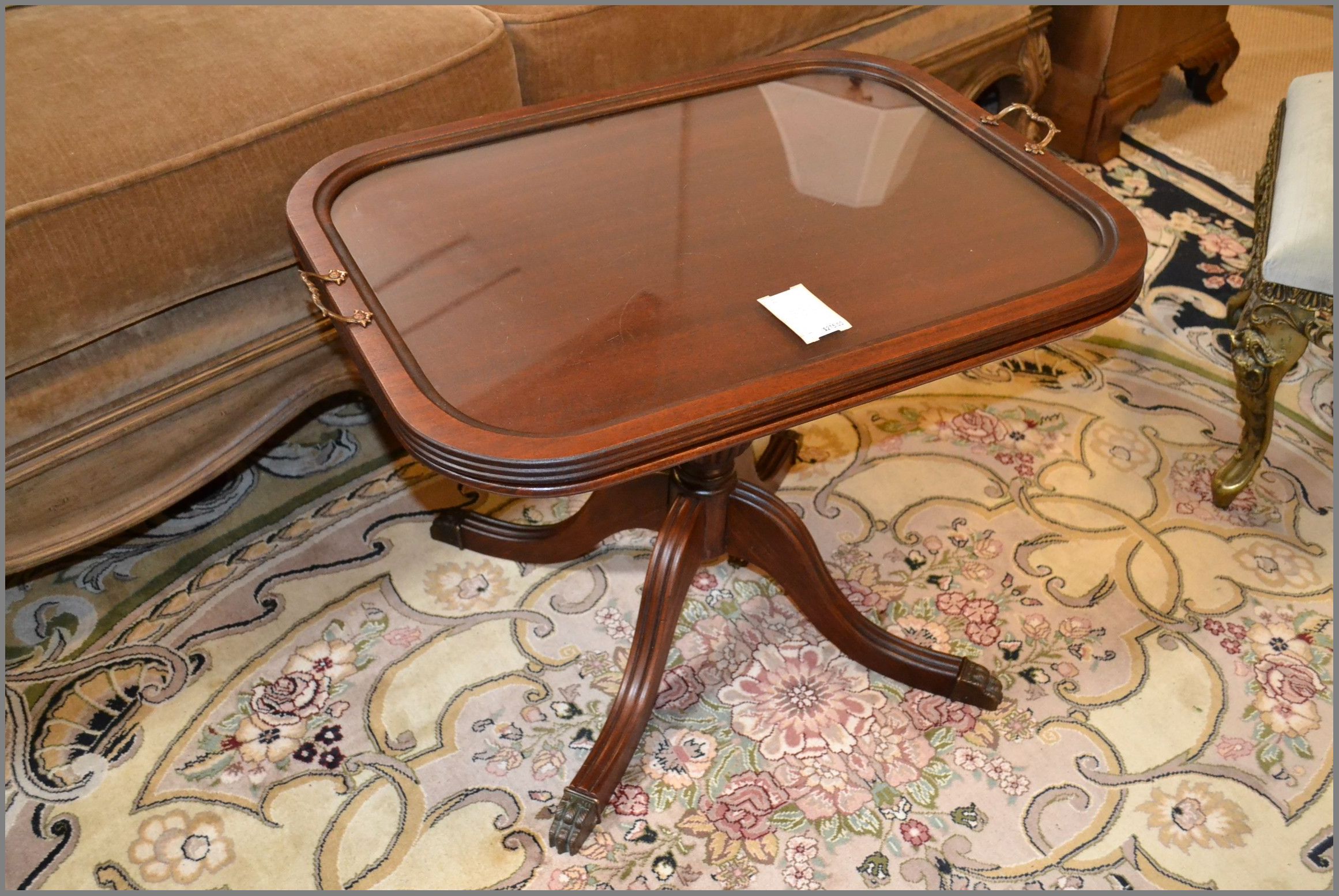 wonderfull antique mahogany tea table with glass tray french accent tables coffee small tall carpet termination strip area rugs black marble set lime green smoked side miniature