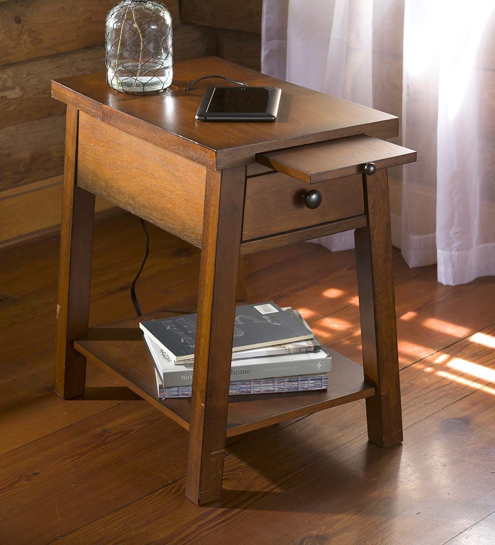 wood accent table with charging station functional furnishings usb the top lifts expose ports and plus there pull out shelf small mosaic garden chairs console cabinet round marble