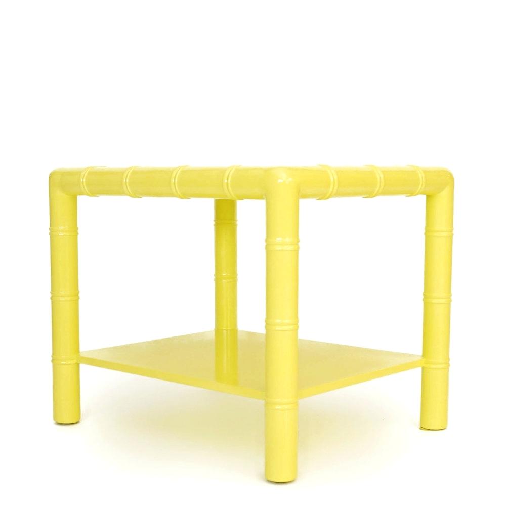 yellow side table antique faux bamboo with cane top outdoor pier one clearance chairs toddler drum stool mirror console large legs round dining leaf turquoise entry hobby lobby