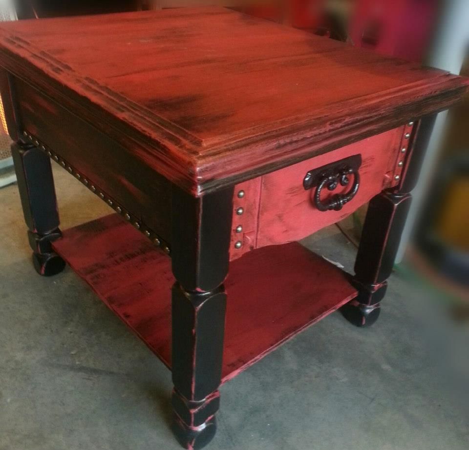 black and red distressed furniture end look tables table free large dog cage dark espresso coffee sets round trunk pulaski console sofa leather brown what goes with diy drawer