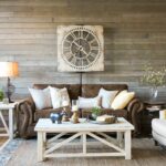 farmhouse living room that will make you want brown sofa what color end tables with dark leather furniture light and airy look warm white mix textures gray rustic wood wall garden 150x150