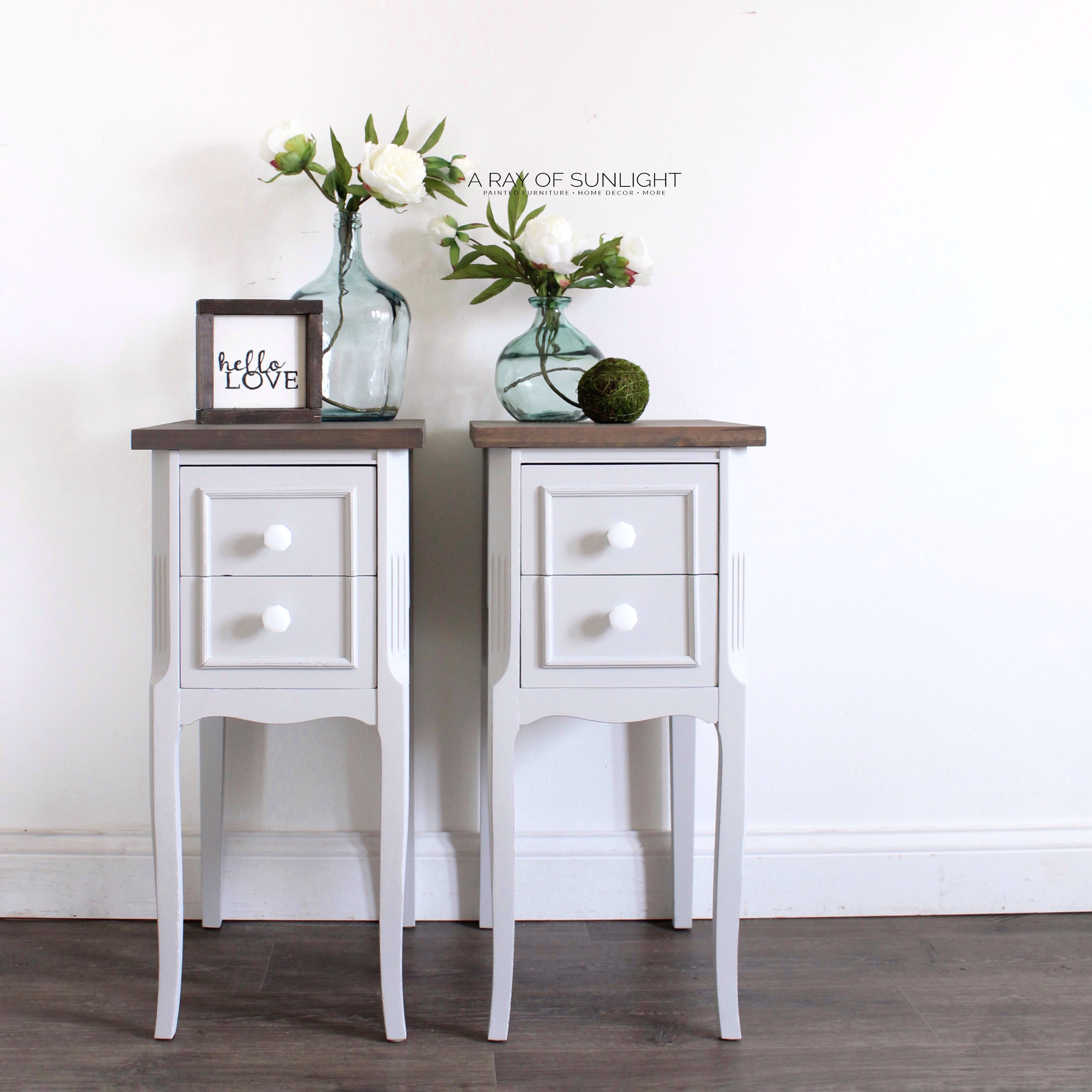 free shipping light gray farmhouse end tables ray sunlight rustic nightstands with white milk glass knobs and dark wood tops bedroom drop leaf dining table grey round twin