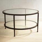 lincoln tempered glass top round coffee table inspiration office end tables and our has slender bronze wrought iron frame clear adding visual space your room weathered oak stain 150x150