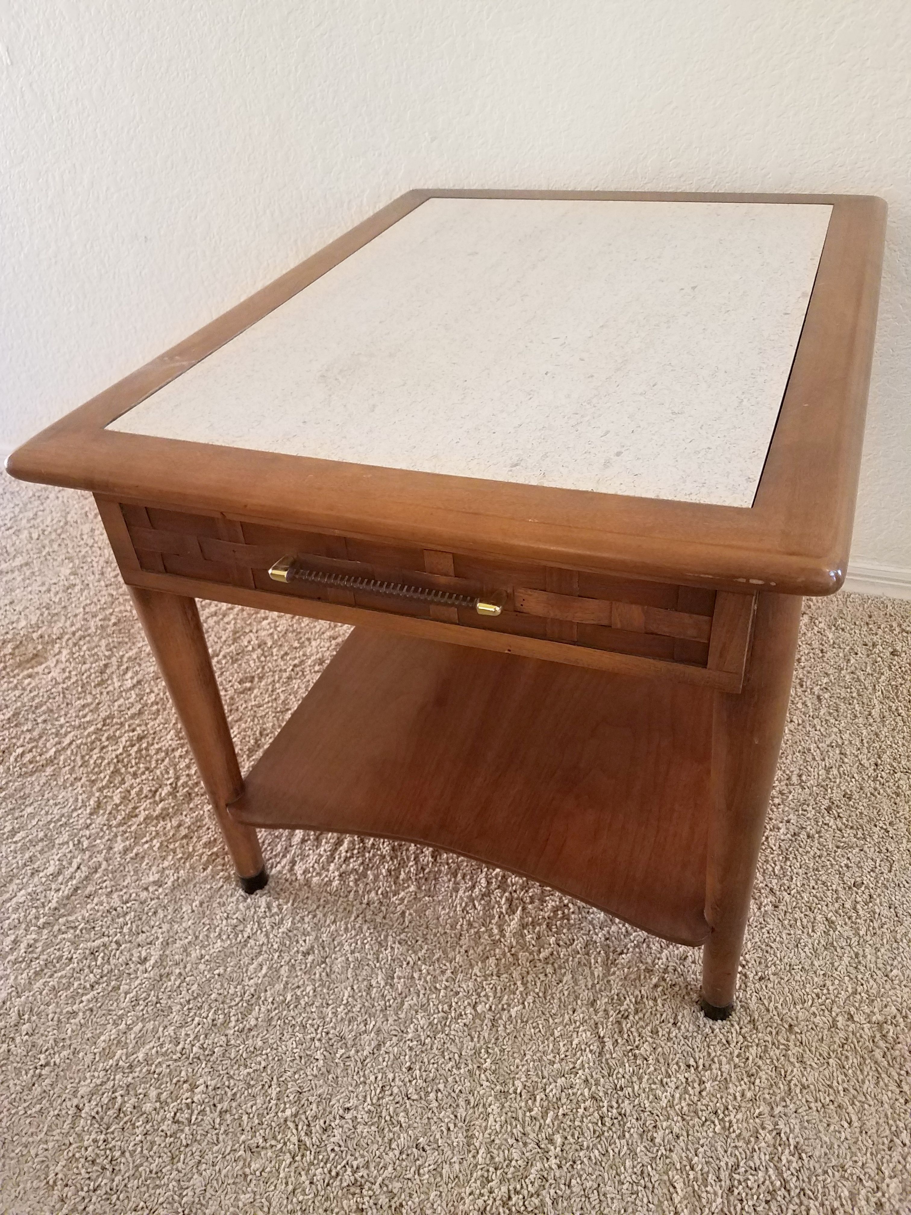 mid century end table with marble top and basket weave drawer detail reminiscent lane furniture pereception series usb ethan allen style brown couch pillow ideas white copper side