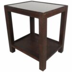 midcentury leather studded end table for master brown tables high top behind couch broyhill collections teak coffee toronto lucite accent with wheels small chinese laura ashley 150x150