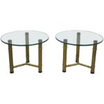 pair metal faux bamboo round glass top low side end tables master table hollywood regency for ethan allen country french three legged lexington recollections bedroom furniture 150x150