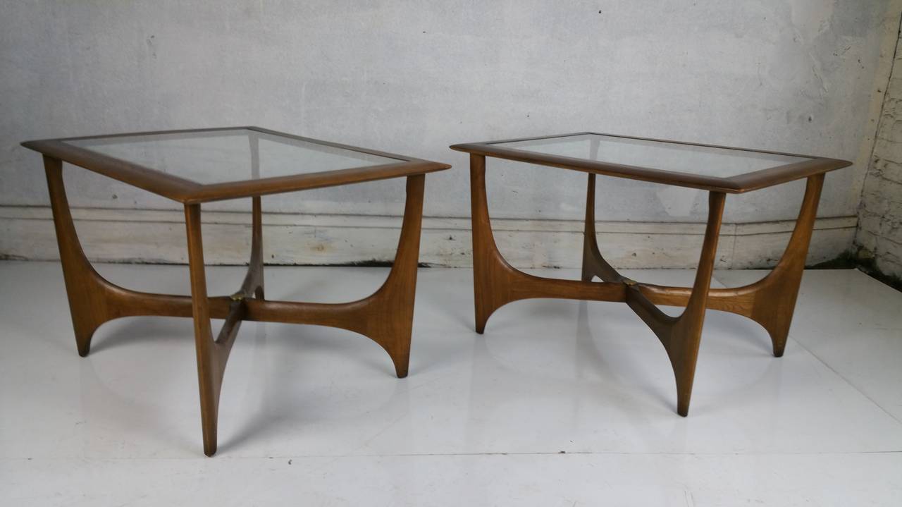 pair mid century modern walnut and glass side tables made end table with insert classic modernist wonderful sculptural solid bases tops manufactured miami dolphins grill antique