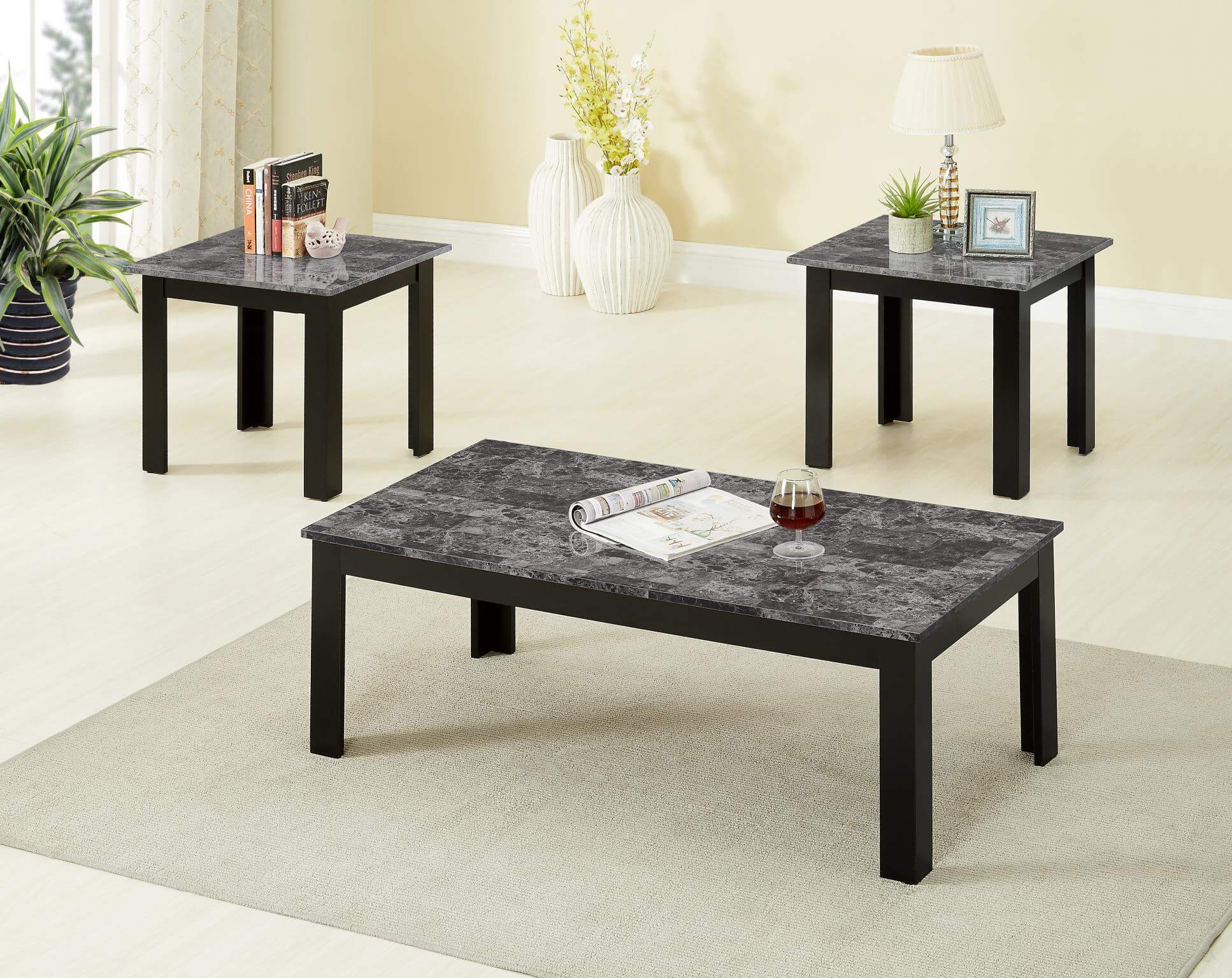 piece black faux marble coffee and end table set sets global trading inch high sofa small industrial side bedroom furniture with desk missions painted solid wood under counter dog