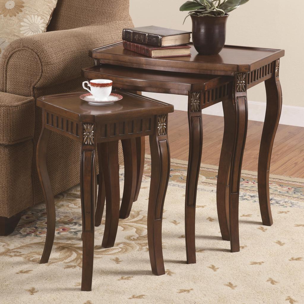 piece nesting tables brown cherry finish coaster end this three nest will style your home decor comprised the two smaller stow away under largest table for michaels mission