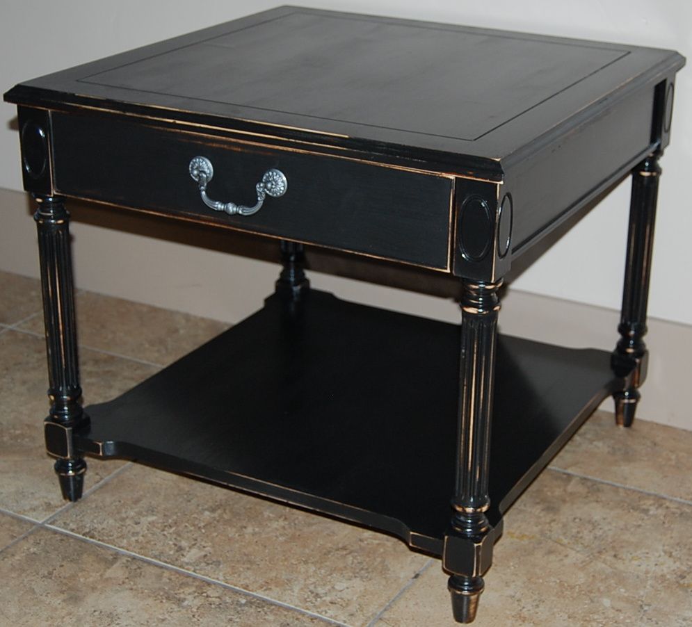 refinished end table black distressed with updated hammered silver hardware aunt elsie coffee pieces temecula furniture storage wood ashley signature design collection carlyle