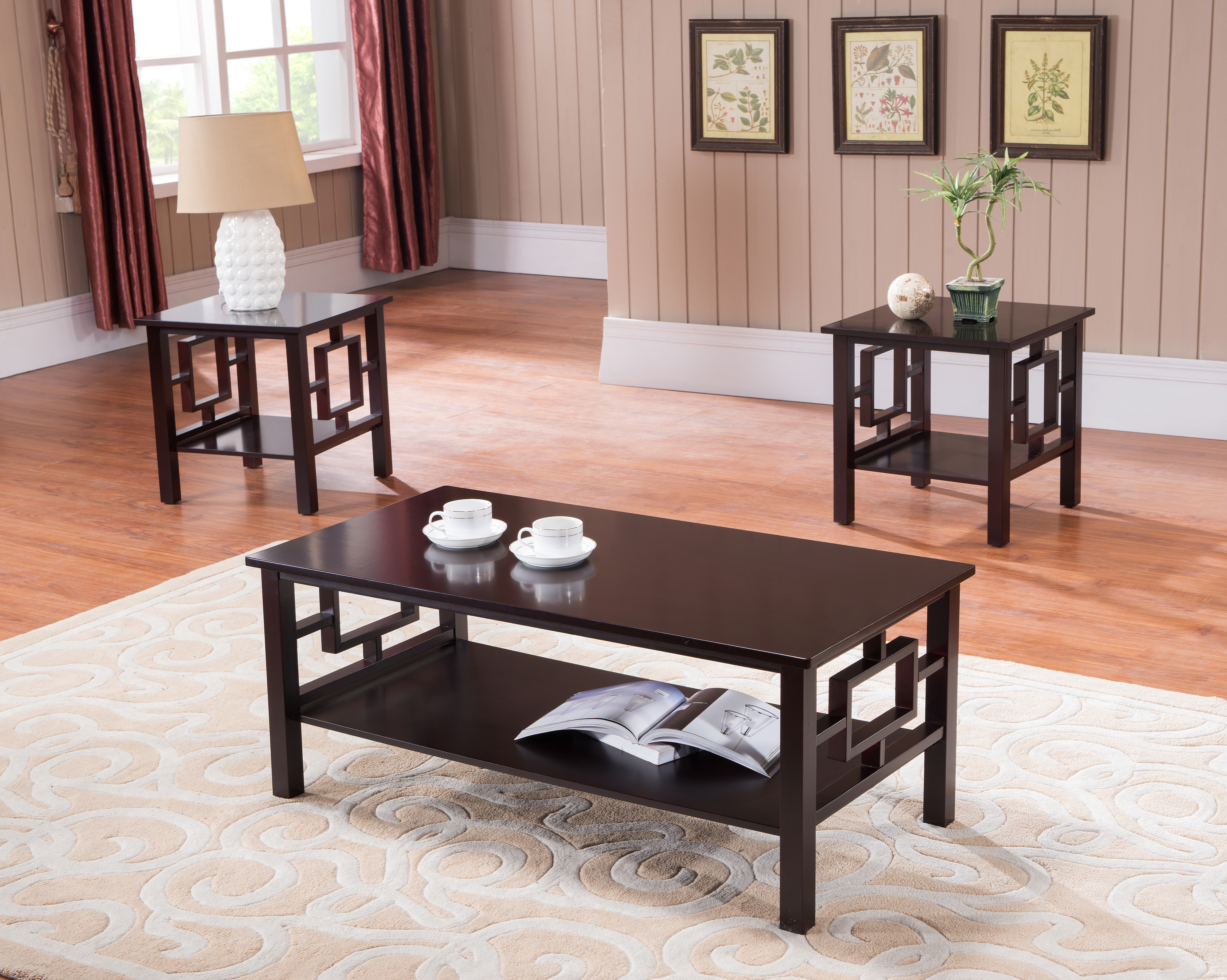 sabina piece dark cherry wood occasional cocktail coffee end tables set with storage shelf living room furniture stickley polish acme city ave ethan allen mahogany dresser