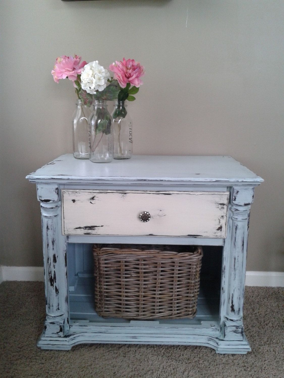 shabby chic coastal blue off white end table night tables furniture log cabinets narrow coffee thomasville pecan bedroom circular patio grey living room brown couch baby bike seat