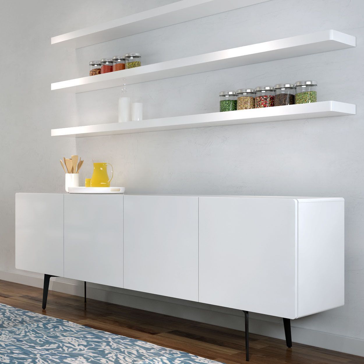 clean white floating shelves above long cabinets placed gloss shelf simple room with laminate oak flooring self adhesive underlay outdoor shoe cupboard cubby ideas hidden bookcase