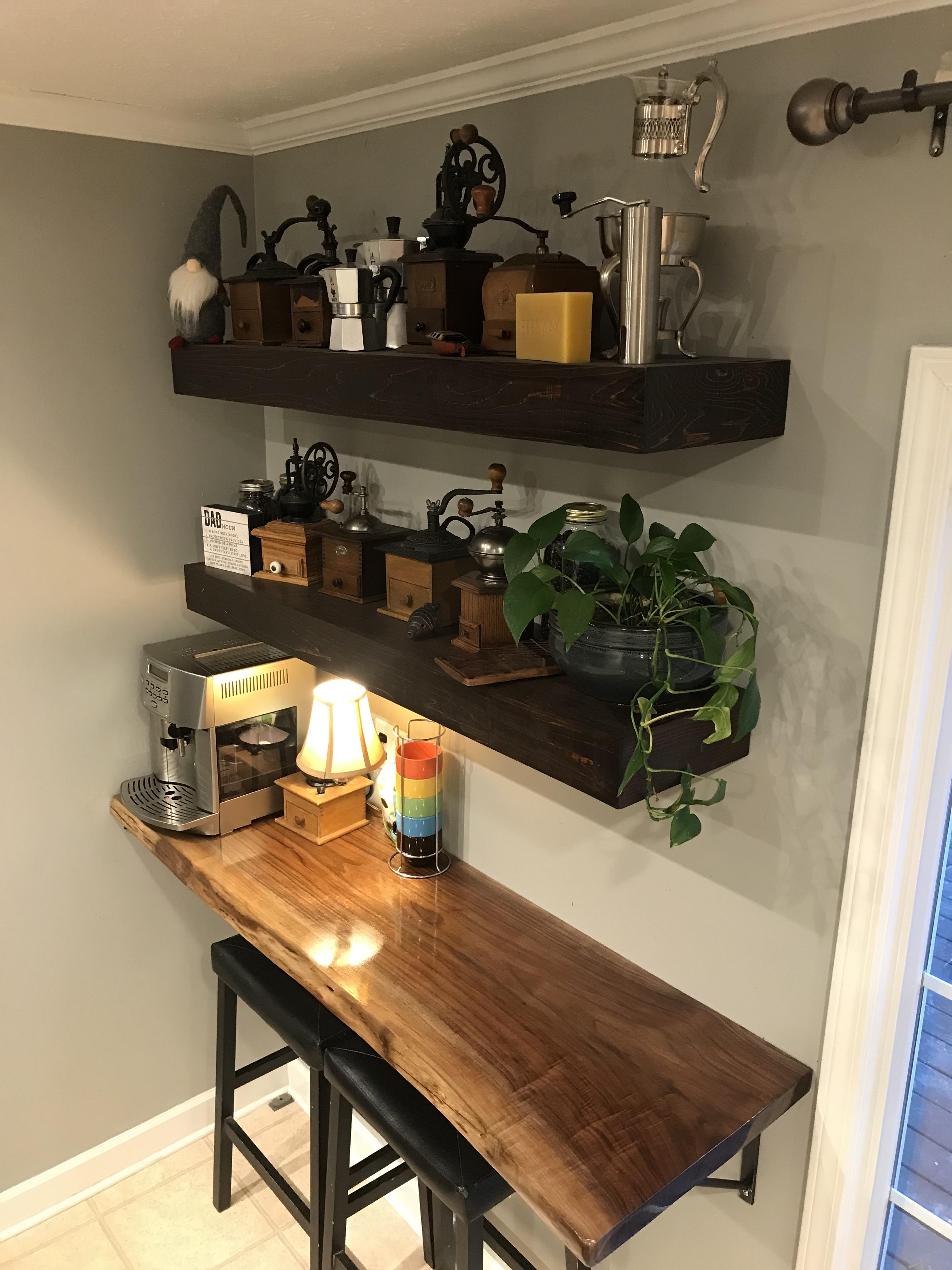coffee bar and floating shelves made for our kitchen top black walnut are stained cedar fence boards bathroom target sneaker rack book ledge shelf mitre storage box diy rustic