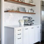 coffee bar with herringbone backsplash and floating shelves shelf hardware glass white oak bookcase dimensions library low profile wooden kitchen island table rustic wall mounted 150x150