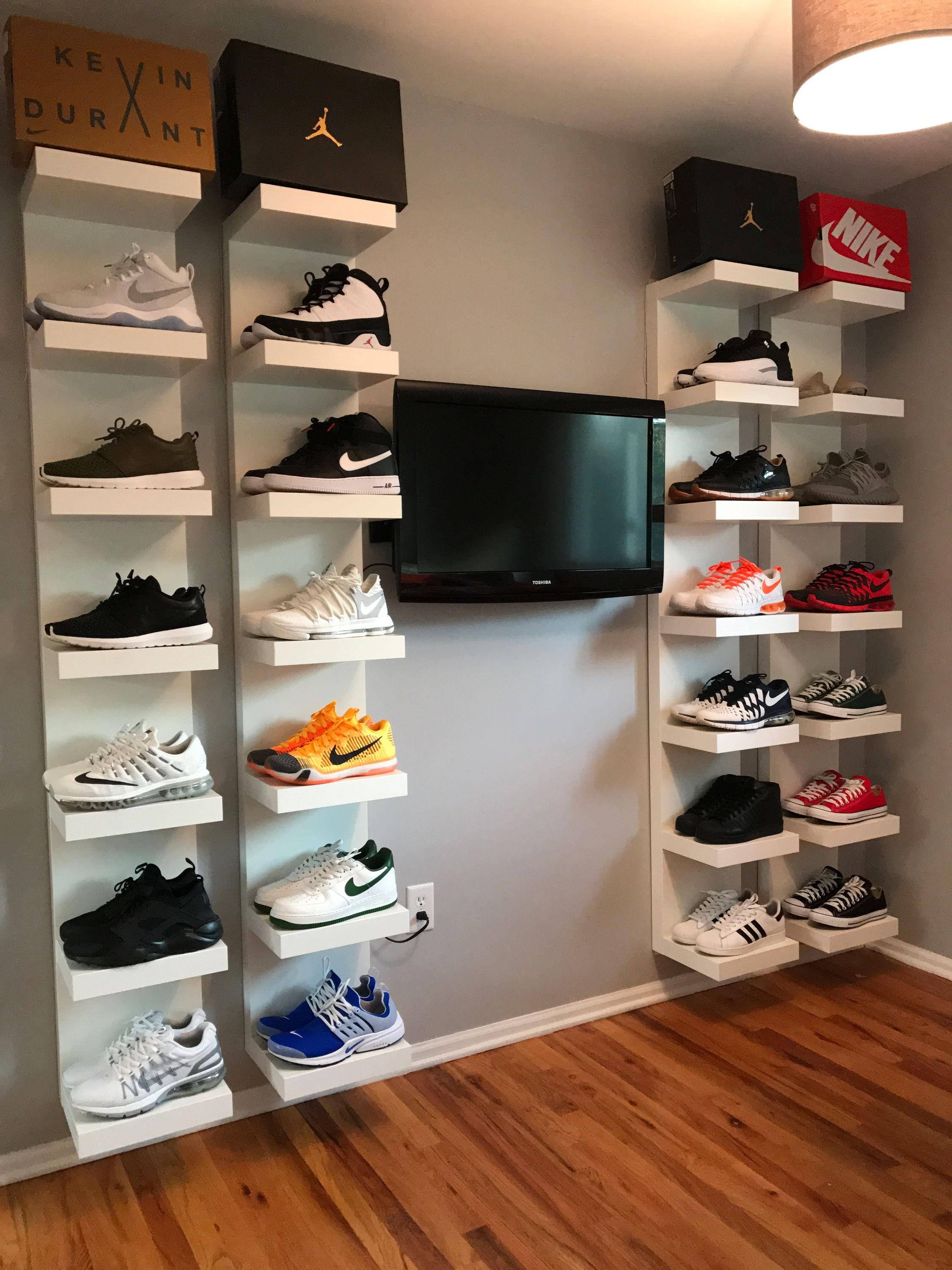 diy shoe display using ikea lack shelves projects white floating for shoes espresso wall mounted coat rack simple wood bookshelf traditional fireplace mantels command curtain
