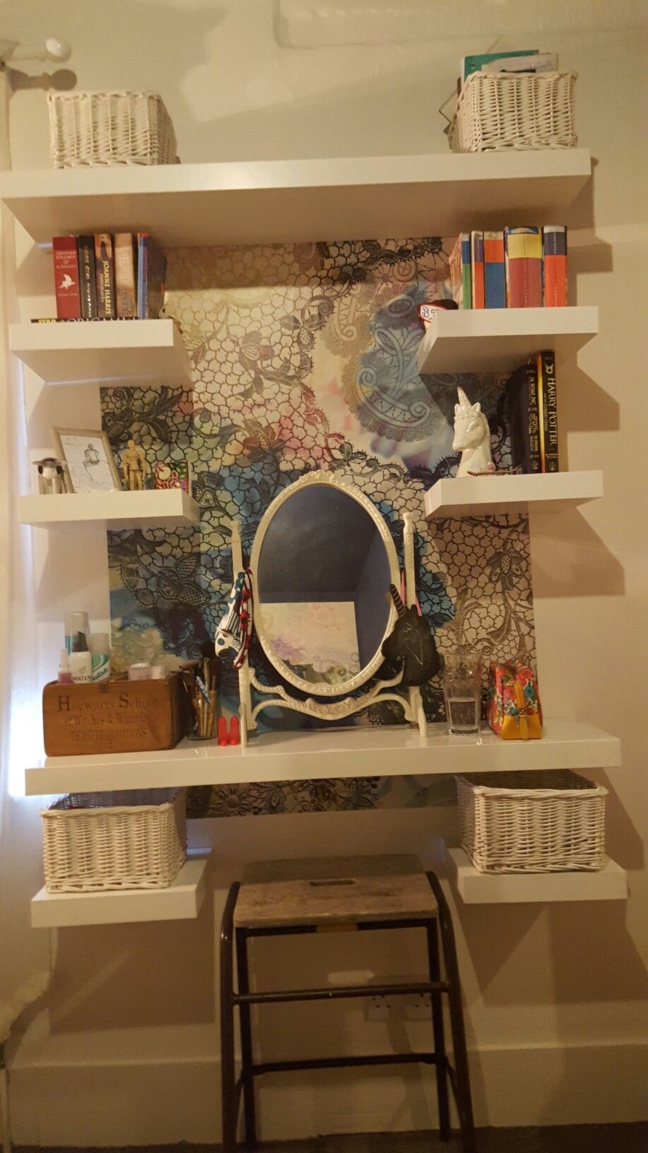 dressing table use floating shelves rather than saves shelf space old stool and adds hint needed shabbiness amongst the clean suspended vanity cabinet bathroom under counter