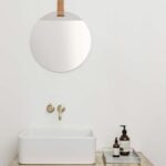 ferm living lines collection color neutrals mini bathroom basin floating shelf love this wood with sink wall mounted faucet clear organizing tray and frameless round mirror 150x150