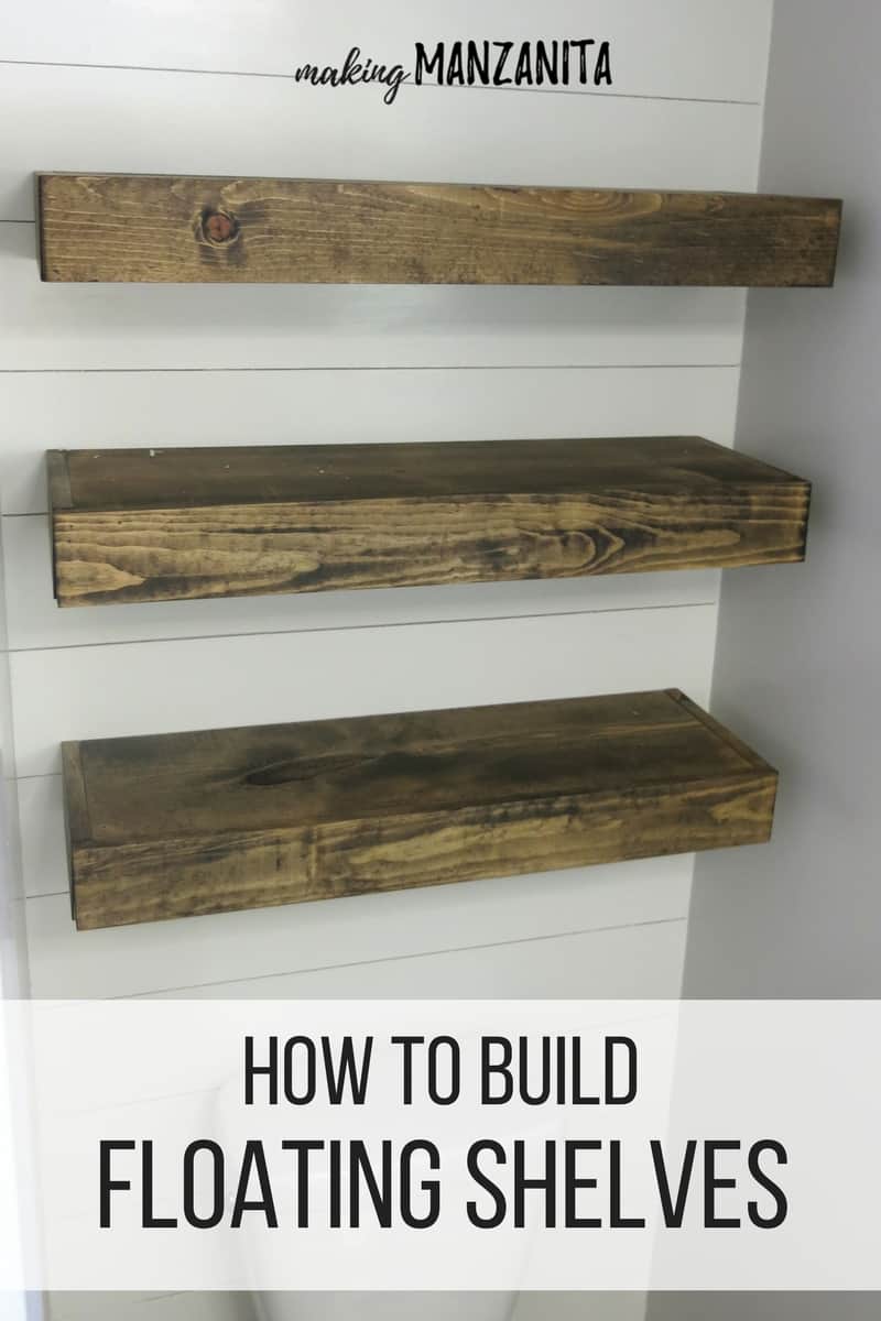 how build bathroom floating shelves for extra storage wood shelf three shiplap wall with text over lay that says narrow white unit tempered glass heavy duty cast iron brackets