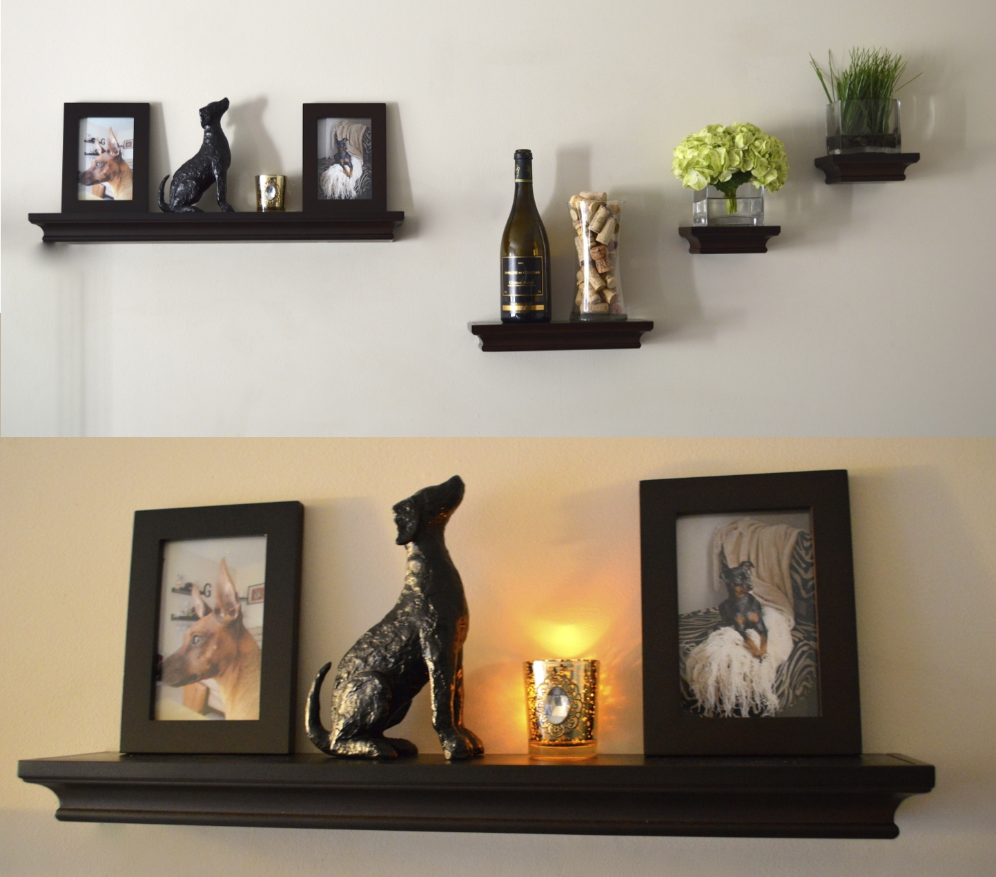 living room black wooden floating shelves with molding stone dog wall decor silver steel lamp light white glass bottle clear small plant pots ture frames decorations kitchen