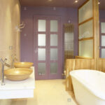 modern tiled bathroom with wooden sinks floating shelf freestanding bathtub and purple accent wall for sink pine coat rack soundbar wire storage baskets bunnings brass hat tree 150x150